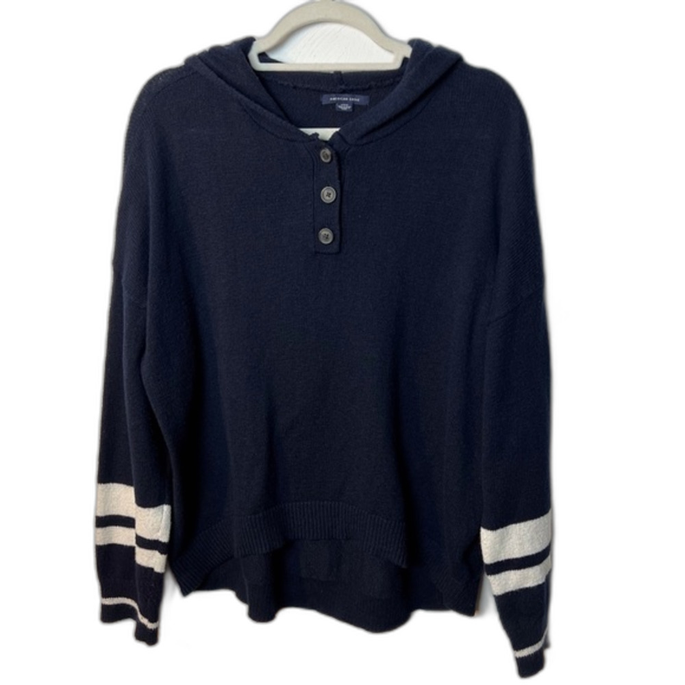 American Eagle Hooded Knit Sweater Navy Blue Button Neck Pullover Size S